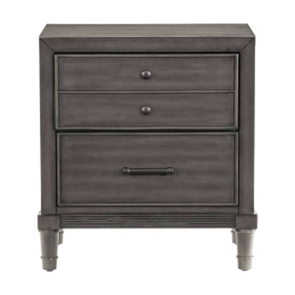 Ceila 27 Inch Classic 2 Drawer Nightstand, Round Tapered Legs, Gray Finish - View 2