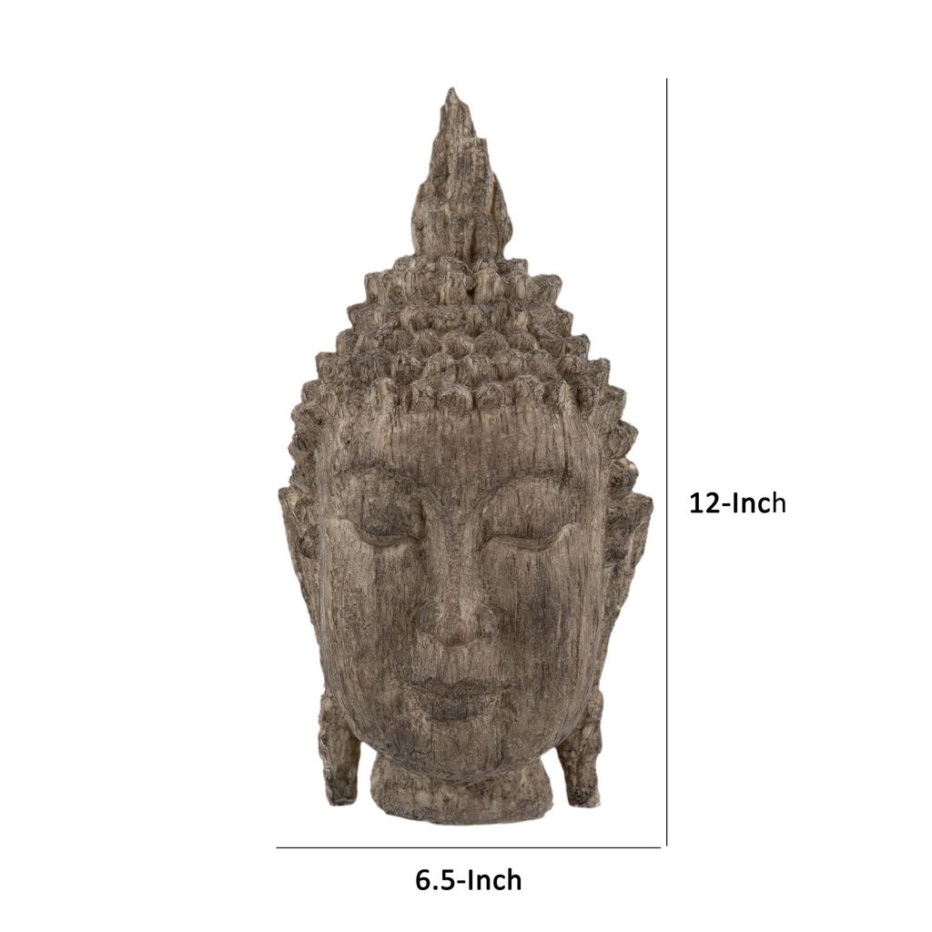 12 Inch Buddha Head Sculpture, Calming Accent Decoration, Polyresin, Brown - View 6