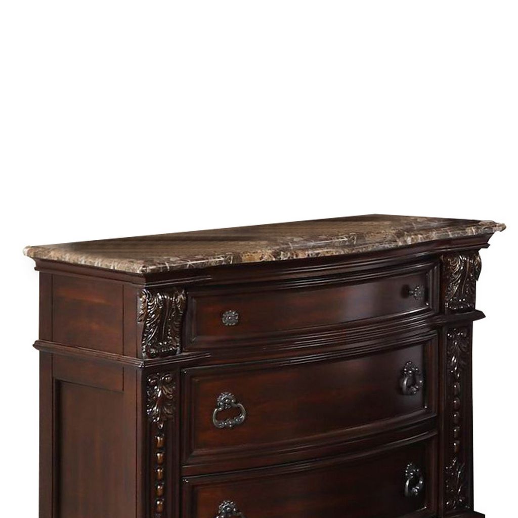 European Style Nightstand with 3 Drawers and Marble Top, Dark Cherry Brown - View 2