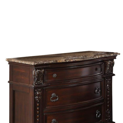European Style Nightstand with 3 Drawers and Marble Top, Dark Cherry Brown - View 2