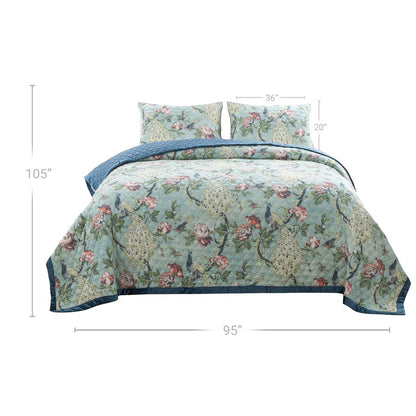 Eden 3 Piece King Quilt Set, Peacock Print, Green Microfiber - View 5