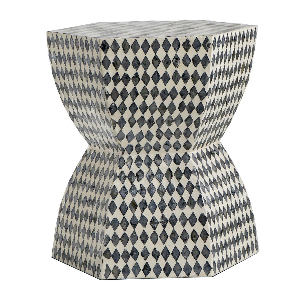 17 Inch Modern Hexagonal Table Stool, Capiz Inlaid Platform, White, Black