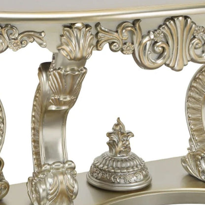 Esen 67 Inch Crescent Sofa Table Sideboard Console, Carvings, Antique Gold - View 3