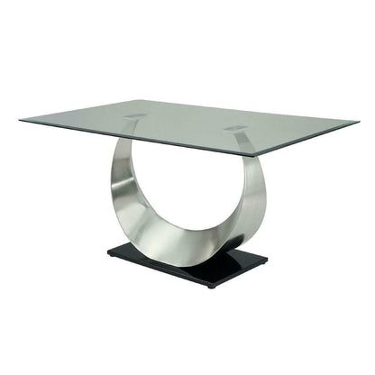 Metal and Glass Dining Table with Unique U Shape Pedestal Base, Chrome and Black - View 4