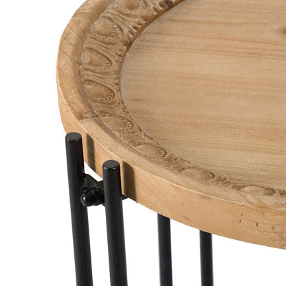 24 Inch Side Table, Modern, Round Tabletop, Carved Wood, Iron Frame, Brown - View 4