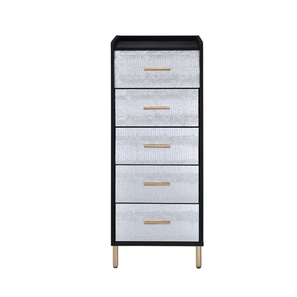 San 45 Inch 5 Drawer Jewelry Storage Chest, Gold Legs, Black and Silver - View 3