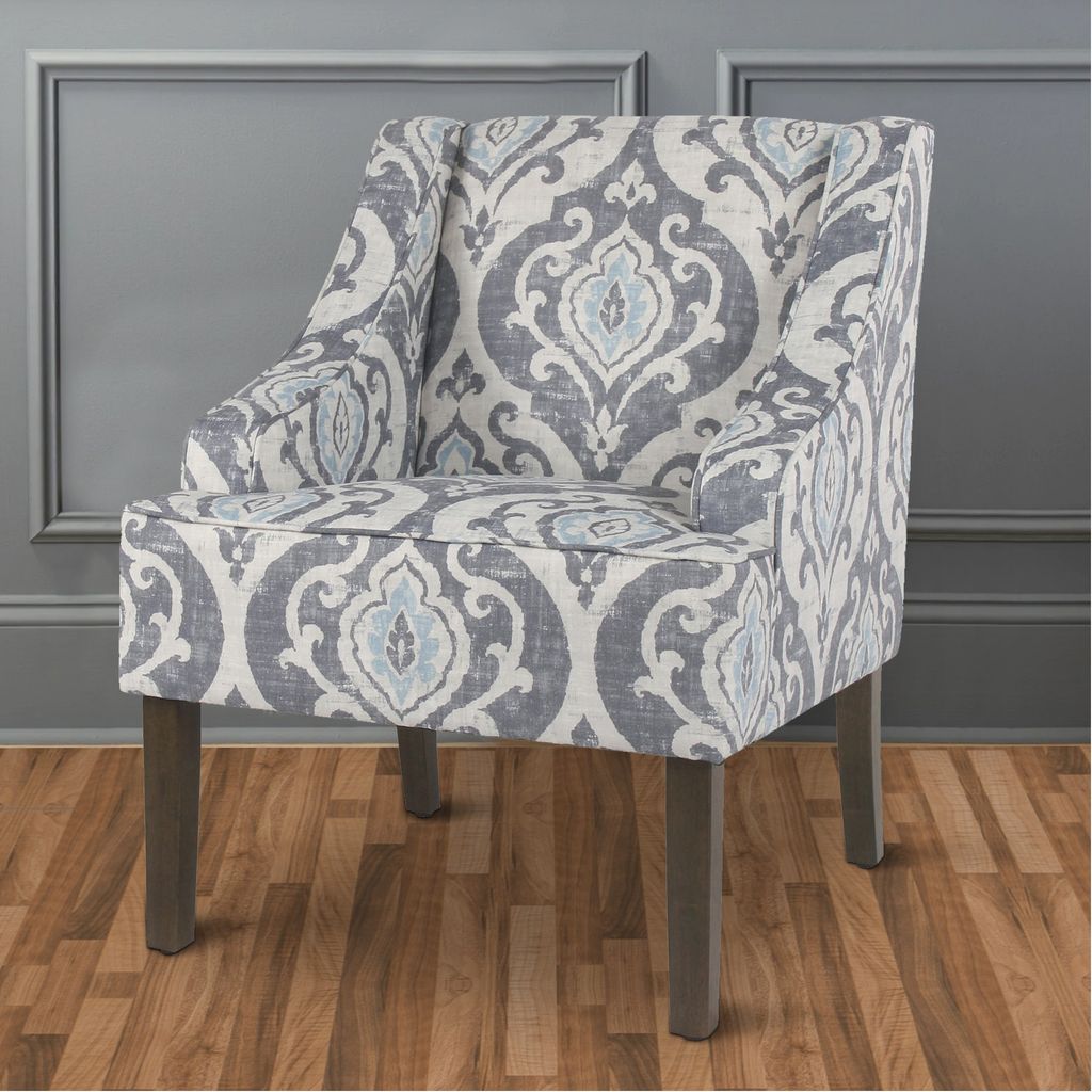 Fabric Upholstered Wooden Accent Chair with Swooping Armrests and Damask Pattern Design, Multicolor - View 7