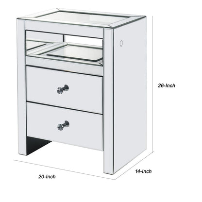 2 Drawer Beveled Mirrored Accent Table with Glass Top and LED, Silver - View 6