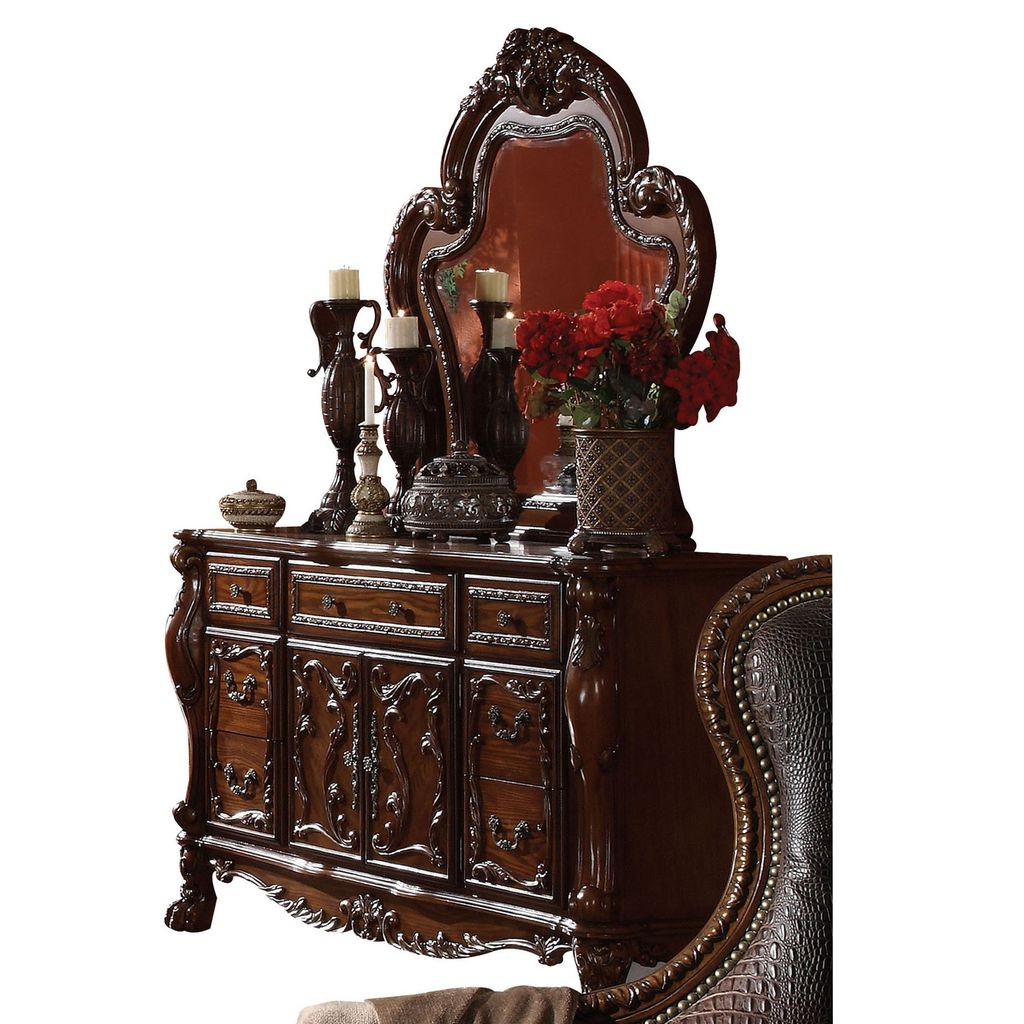 Traditional Wooden Mirror with Oversized Polyresin Scrollwork, Brown - View 2