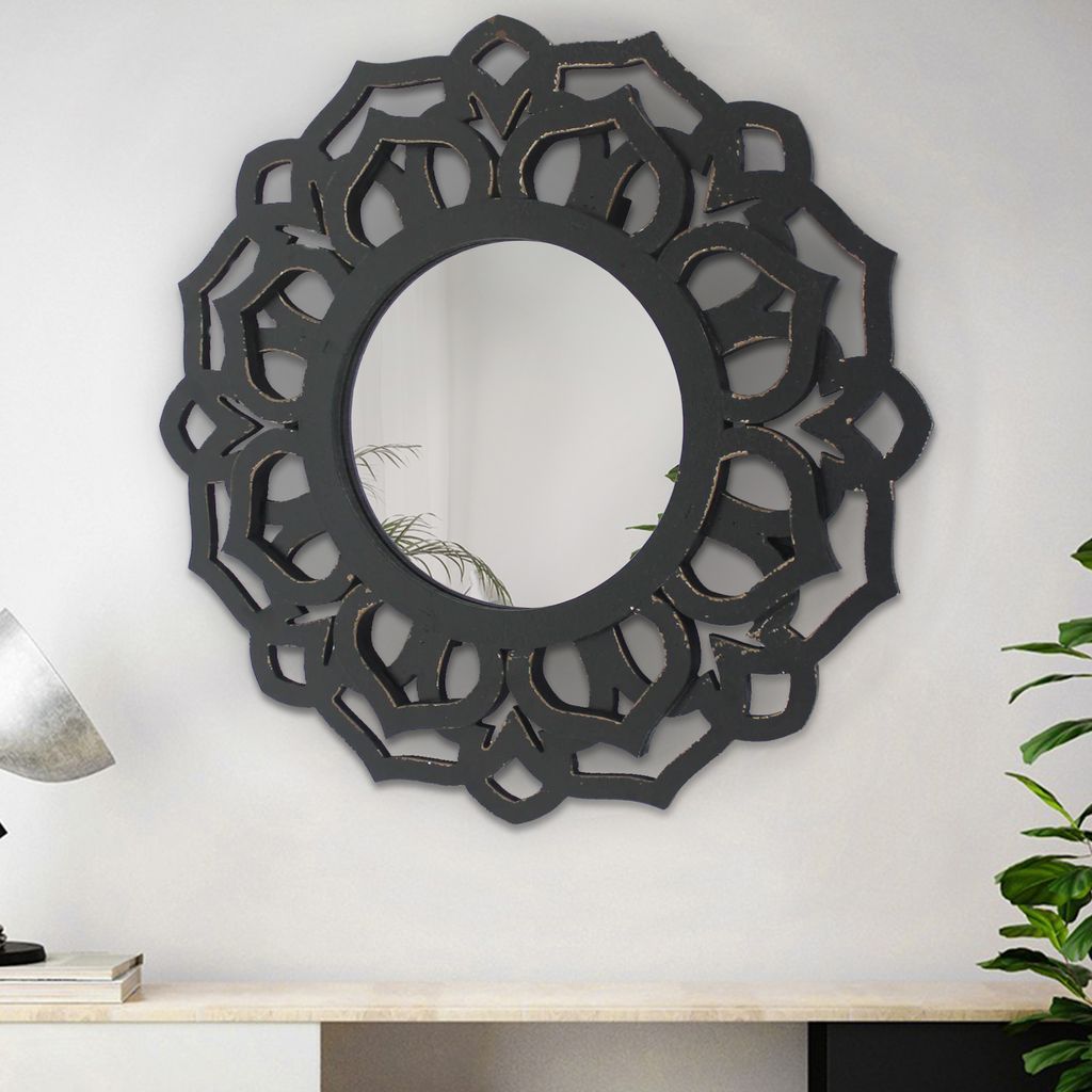 Wooden Mirror Blooming Lotus Wall Decor Set of 2 with Floral Engraving, Black - View 7