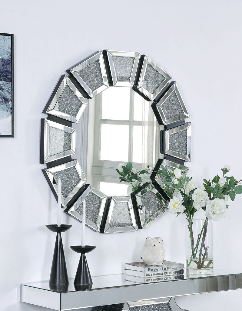 Wooden Backing Wall Decor with Tapered Mirrored Panel Borders, Clear and Black - View 6