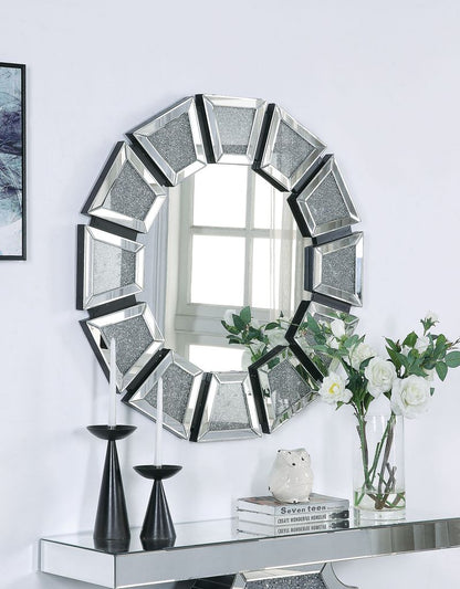 Wooden Backing Wall Decor with Tapered Mirrored Panel Borders, Clear and Black - View 6