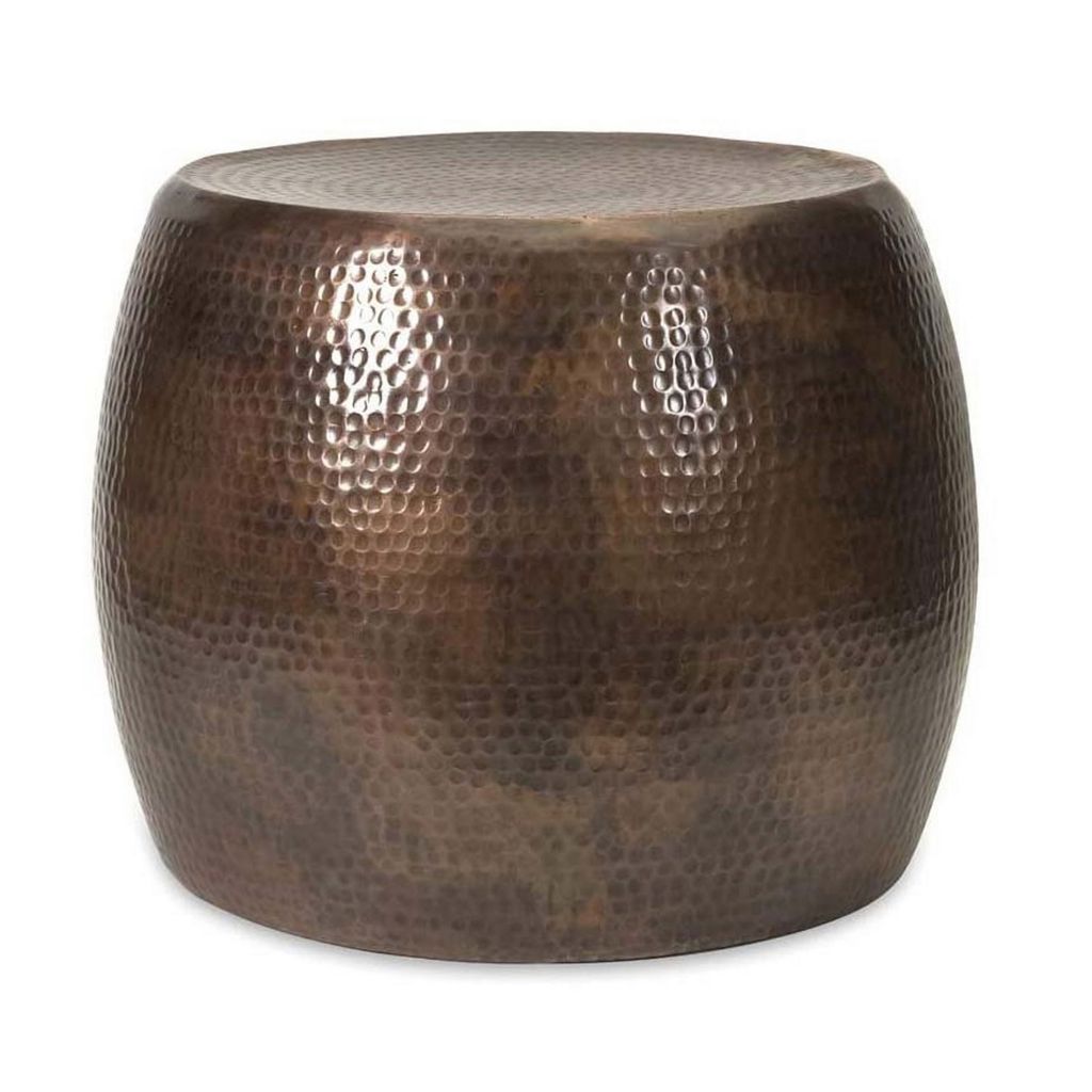 20 Inch Classic Iron Low Accent Table, Round Top, Drum Shape, Brown