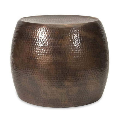 20 Inch Classic Iron Low Accent Table, Round Top, Drum Shape, Brown
