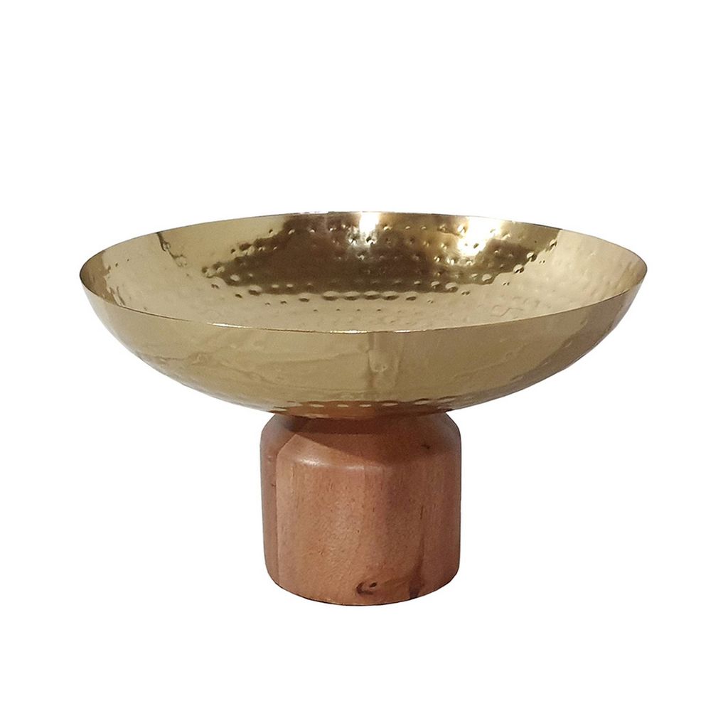 Roe 12 Inch Large Acacia Wood Table Bowl, Steel, Decorative, Gold and Brown