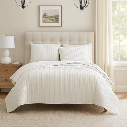 3 Piece Crinkles King Size Coverlet Set with Vertical Stitching, White - View 7