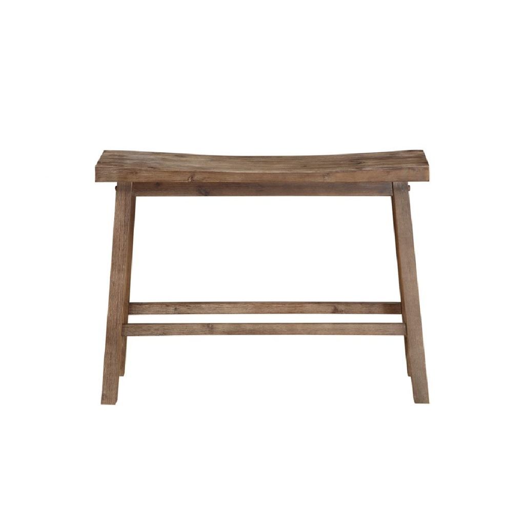 33 Inch Saddle Seat Bench with Angled Frame, Sandblasted Antique Brown Acacia Wood - View 2
