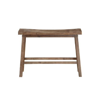 33 Inch Saddle Seat Bench with Angled Frame, Sandblasted Antique Brown Acacia Wood - View 2