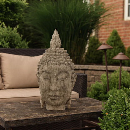 12 Inch Buddha Head Sculpture, Calming Accent Decoration, Polyresin, Brown - View 7