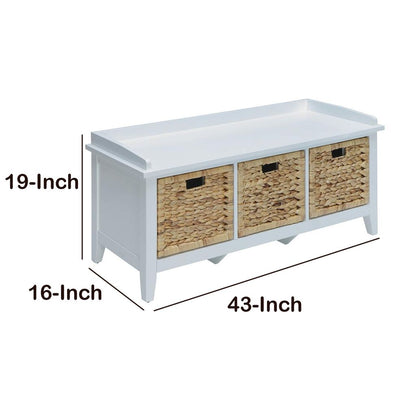 Rectangular Wooden Bench with Storage Basket, White - View 6
