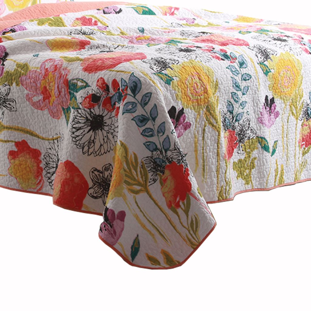 3 Piece Cotton King Size Quilt Set with Stencil Flower Print, Multicolor - View 3