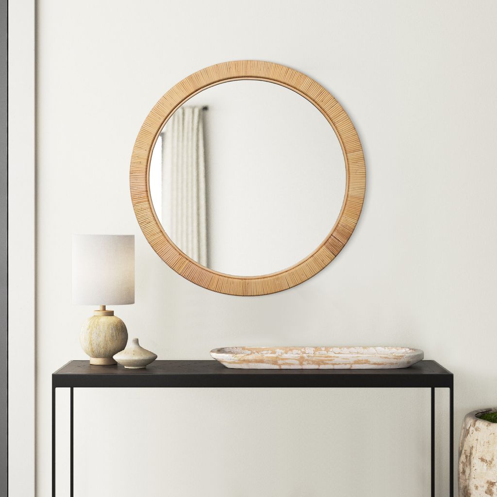 36 Inch Coastal Style Round Mirror, Hand Woven Rattan Frame, Glass, Brown - View 7