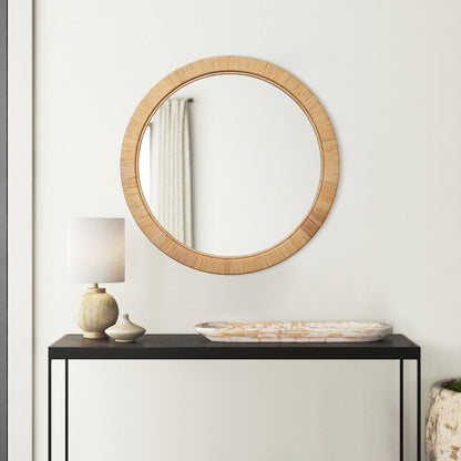 36 Inch Coastal Style Round Mirror, Hand Woven Rattan Frame, Glass, Brown - View 7