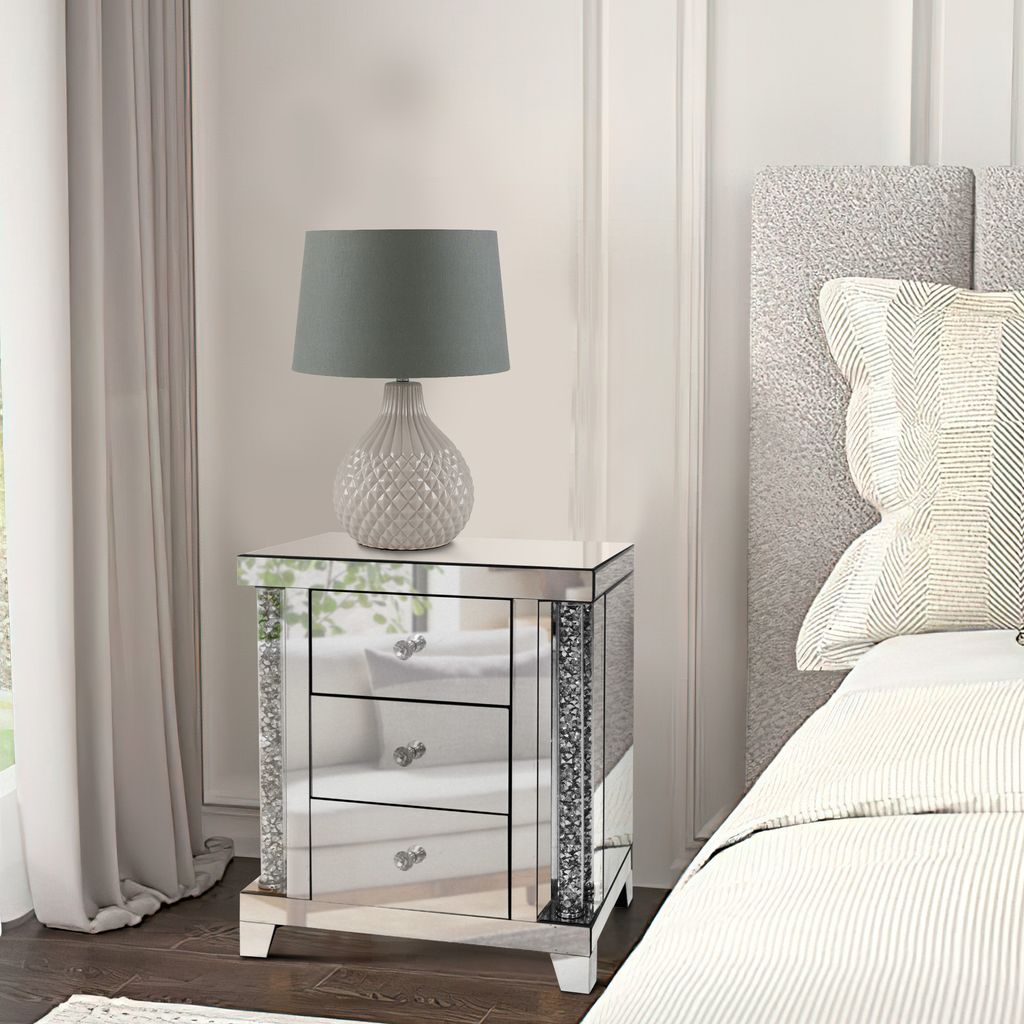 Noe 26 Inch 3 Drawer Accent Table Nightstand, Mirrored, Faux Diamond Inlay, Silver - View 6