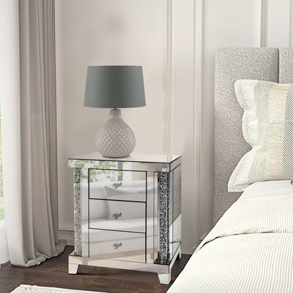 Noe 26 Inch 3 Drawer Accent Table Nightstand, Mirrored, Faux Diamond Inlay, Silver - View 6