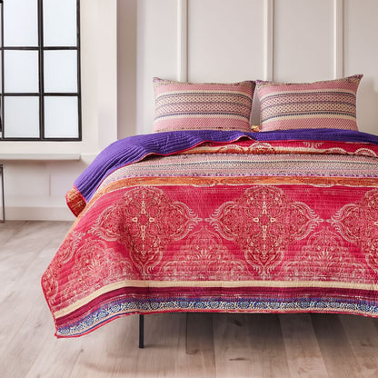 Dora 3 Piece Bohemian Full Quilt Set, Medallion, Paisley, Pink, Blue - View 7
