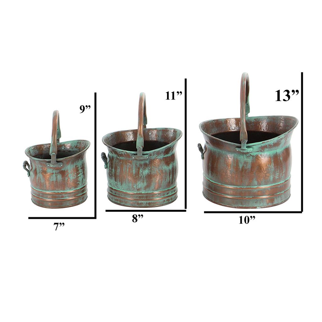 Tinged Metal Bucket Planter With Handles, Patina Rust Finish, Green, Set of 3 - View 3