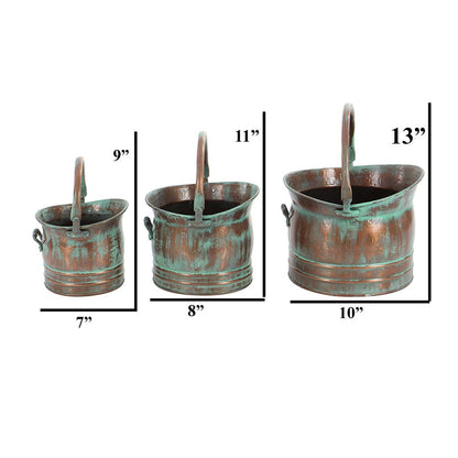 Tinged Metal Bucket Planter With Handles, Patina Rust Finish, Green, Set of 3 - View 3