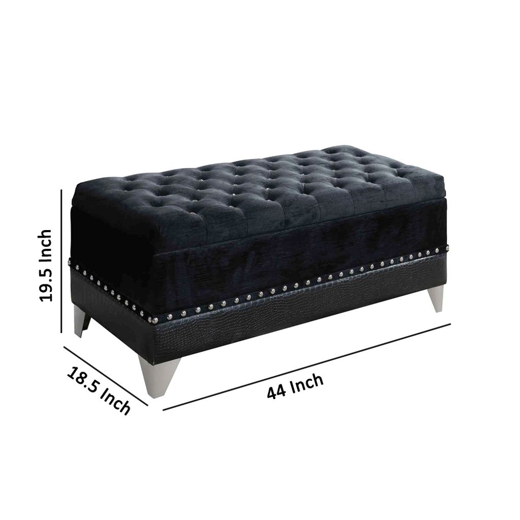 Leatherette Storage Bench with Nailhead Trims and Button Tufted Seat, Black - View 6