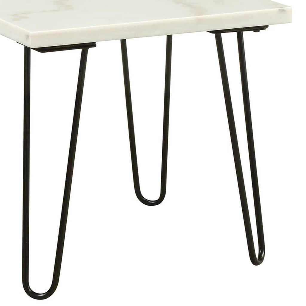 Marble Top End Table with Hairpin Style Metal Legs, White and Black - View 5