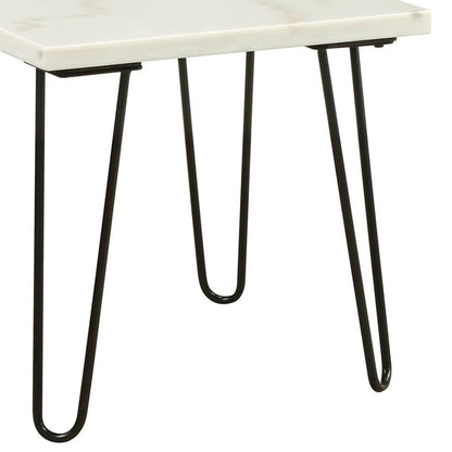 Marble Top End Table with Hairpin Style Metal Legs, White and Black - View 5