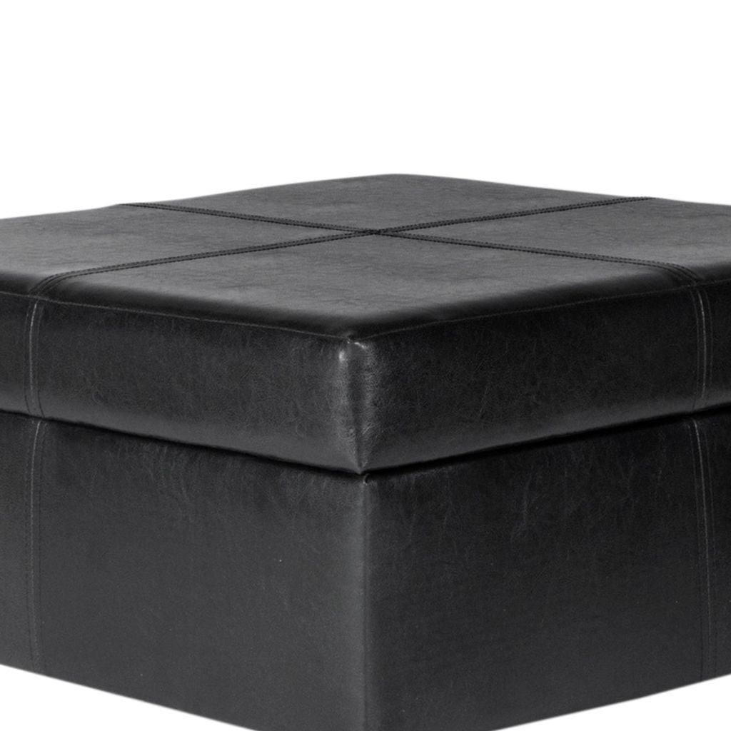 Leatherette Upholstered Wooden Ottoman With Hinged Storage, Black and Brown, Large - View 3