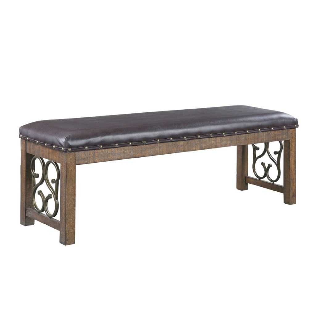 Ral 56 Inch Solid Wood Padded Bench, Metal Scroll Design, Nailhead, Brown