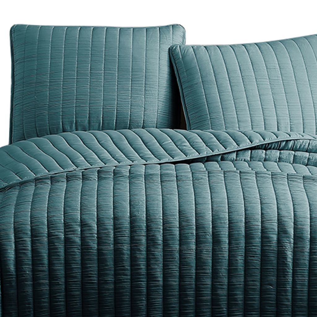 3 Piece Crinkle King Coverlet Set with Vertical Stitching, Turquoise Blue - View 3