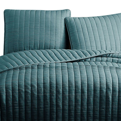 3 Piece Crinkle King Coverlet Set with Vertical Stitching, Turquoise Blue - View 3