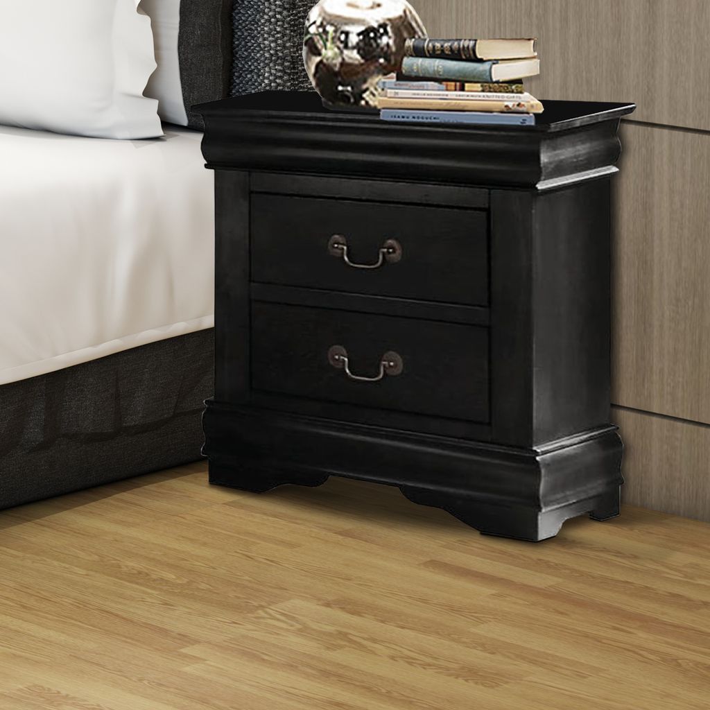 Wooden Nightstand with Two Drawers, Black - View 7