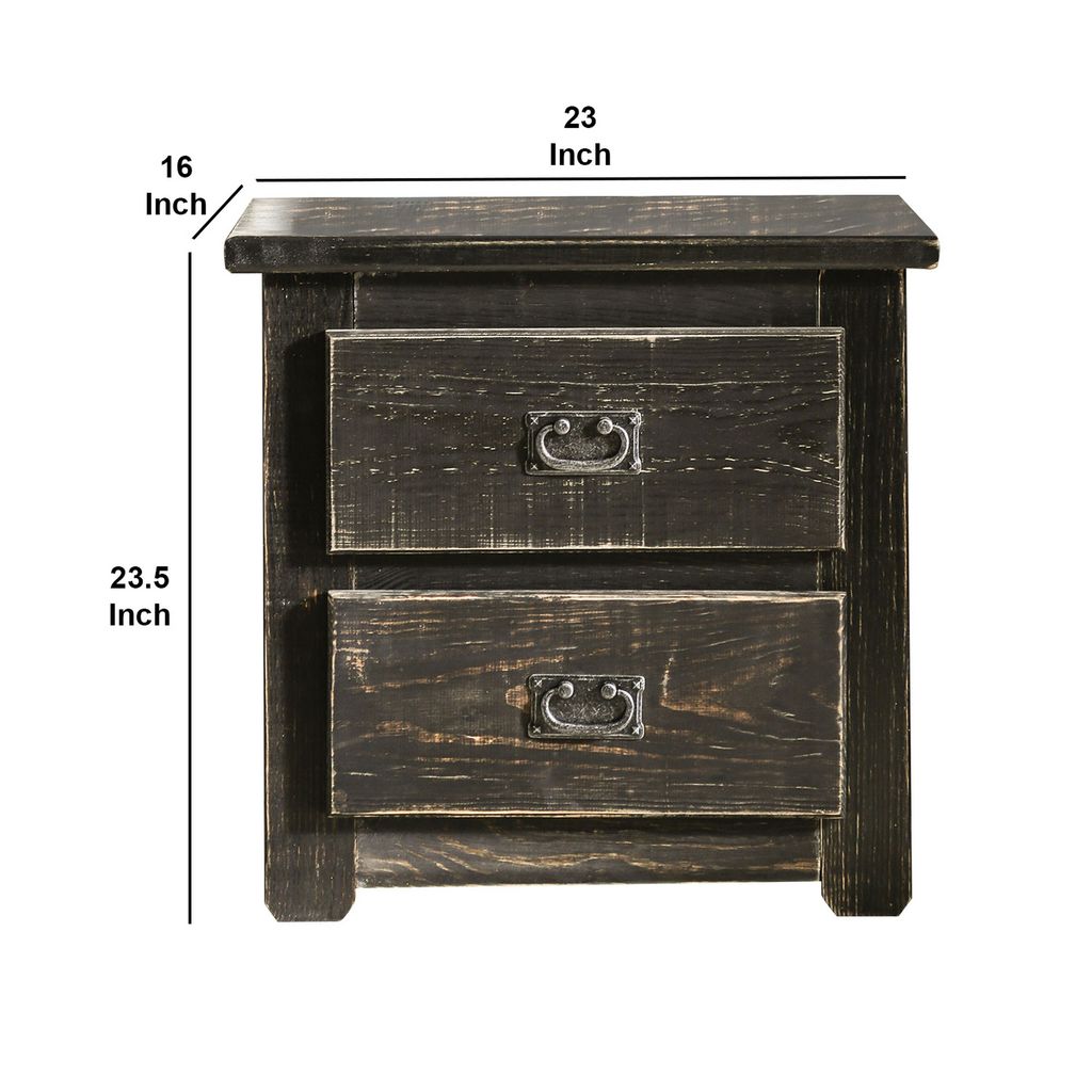 Plank Design 2 Drawer Wooden Nightstand with Bail Pulls, Black - View 6