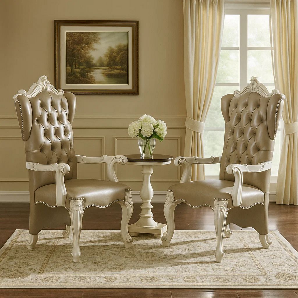 Faux Leather Upholstered Wooden Arm Chairs, Set of Two, White and Gray - View 7