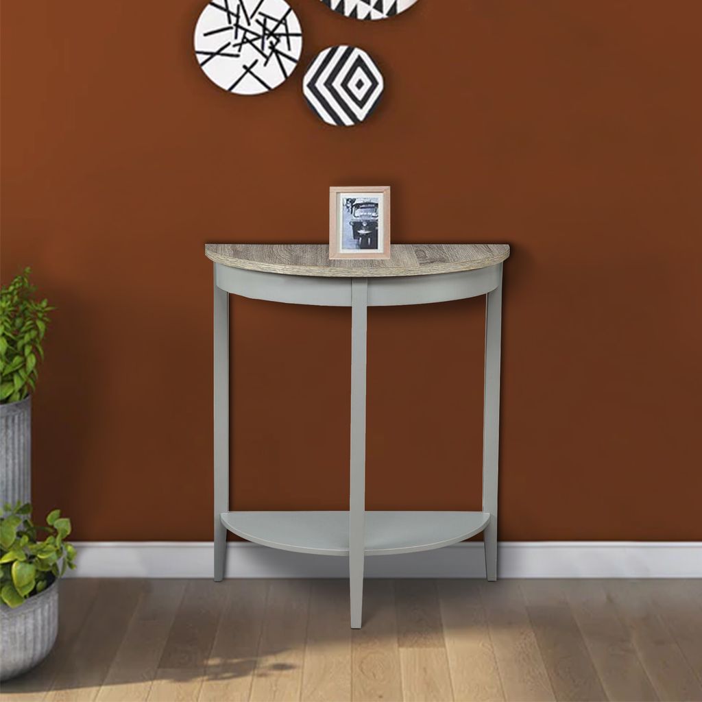 Wooden Half Moon Shaped Console Table with One Open Bottom Shelf, Oak Brown and Gray - View 6