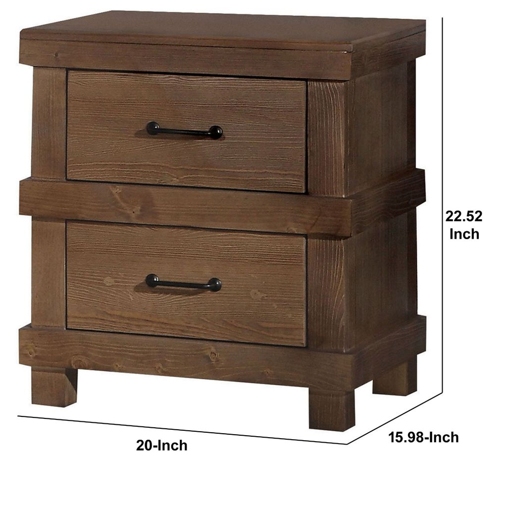 Two Drawer Nightstand With Metal Handle, Antique Oak - View 6