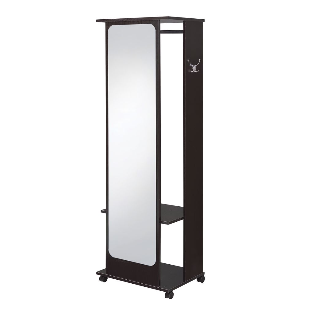Mirror and Wood Hall Tree with Hanging Rod and Casters, Brown and Silver