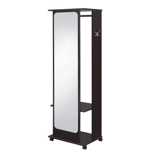 Mirror and Wood Hall Tree with Hanging Rod and Casters, Brown and Silver