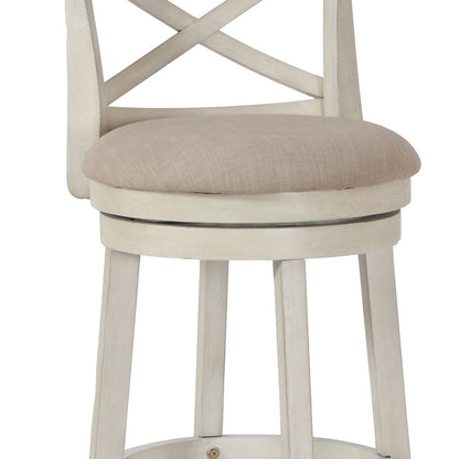 Curved X Shaped Back Swivel Barstool with Fabric Padded Seating, Antique White - View 3