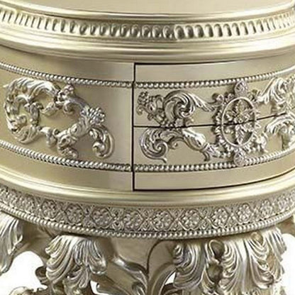 Nightstand with Scrolled Carvings and Half Moon Shape, Champagne Silver - View 5