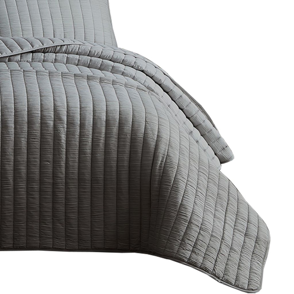 3 Piece Crinkles King Size Coverlet Set with Vertical Stitching, Gray - View 3
