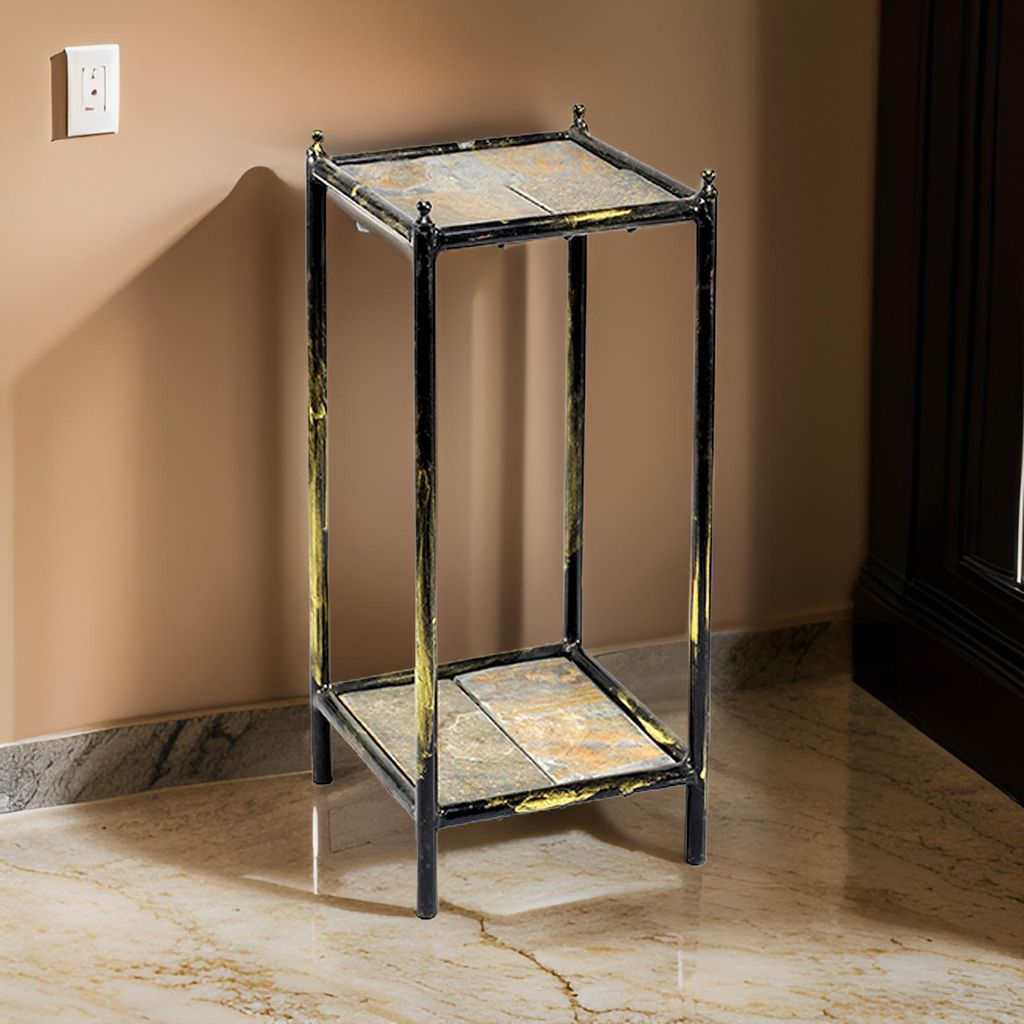 2 Tier Square Stone Top Plant Stand with Metal Frame, Small, Black and Gray - View 7